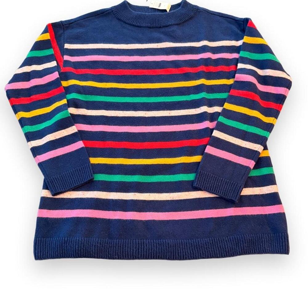 NWT Talbots Rainbow Horizontal Stripe Knit Pullover Sweater Navy Blue Size M